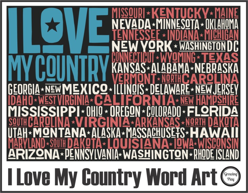 I Love my Country Word Art Coloring Page