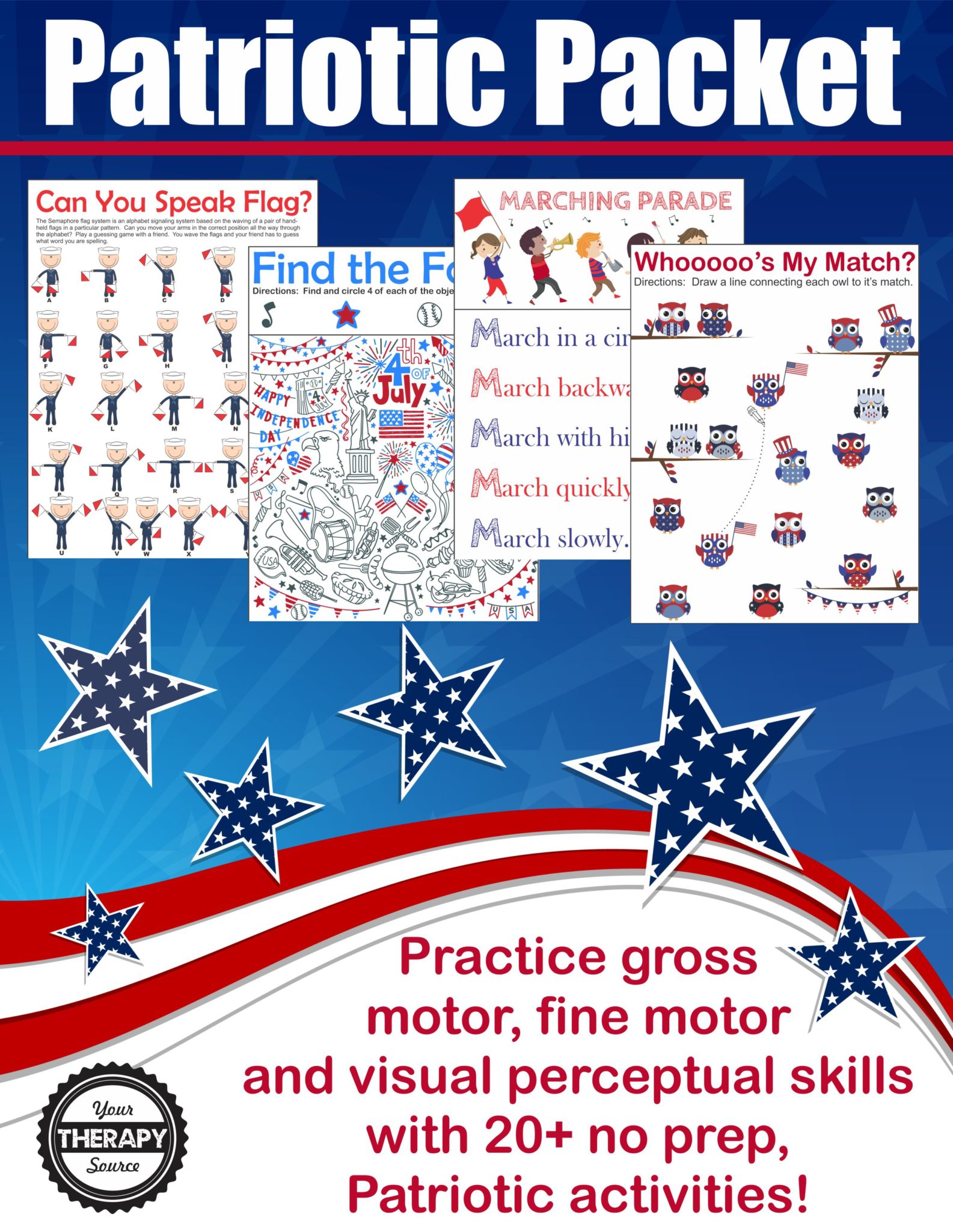 Patriotic Sensory Motor Packet - Fine Motor, Gross Motor and Visual Skills