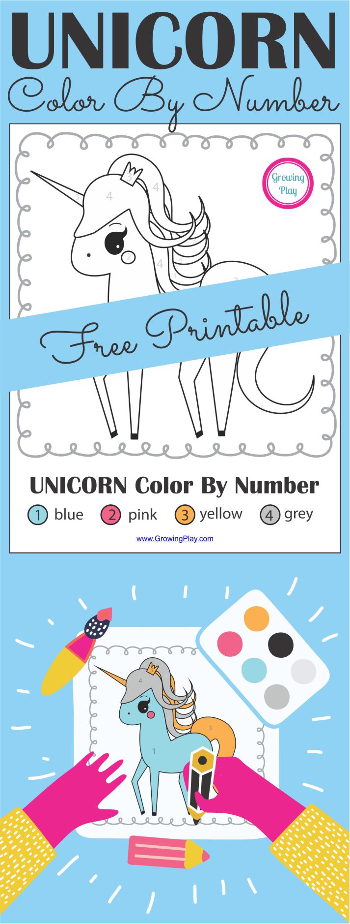 Unicorn Color By Number Free Printable from Growing Play