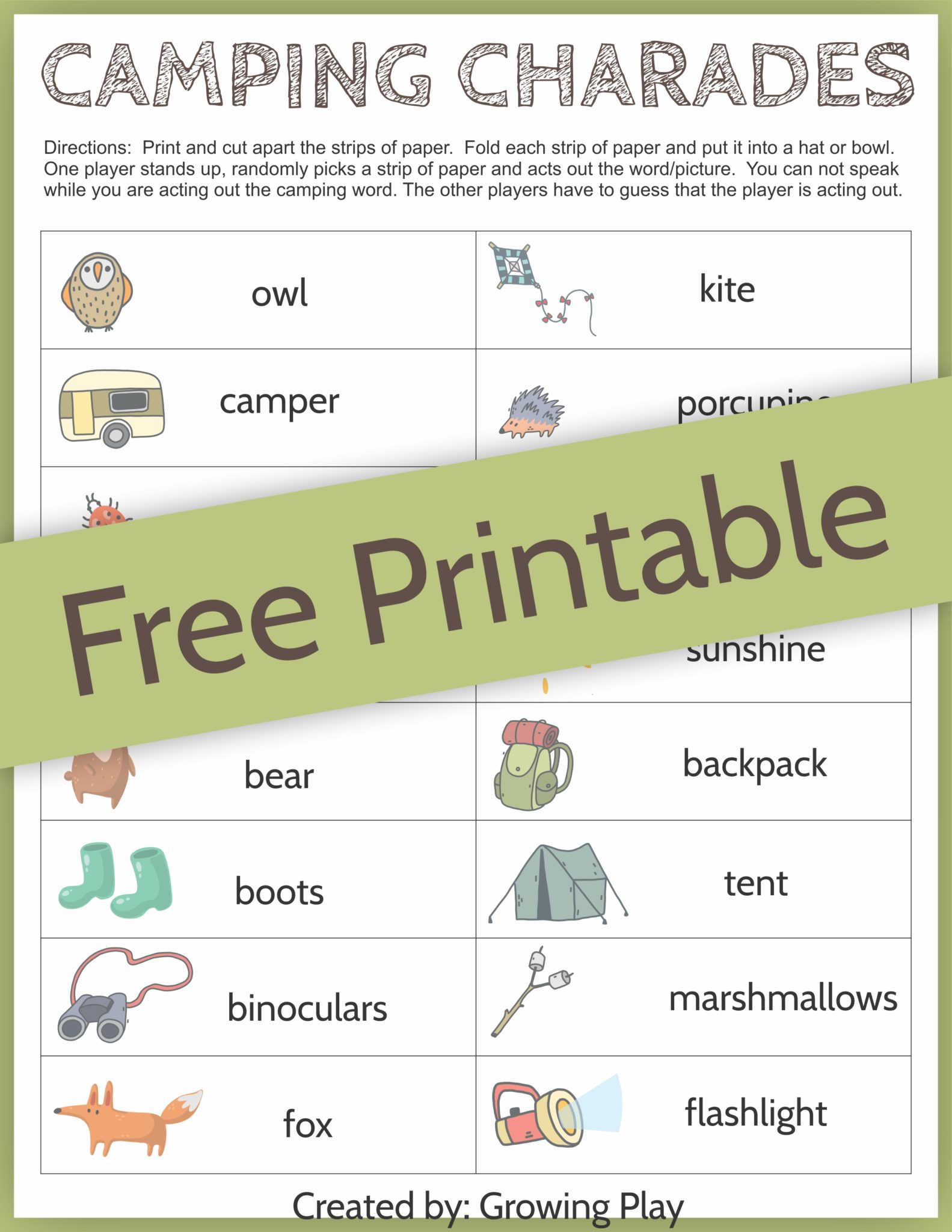 Camping Charades Game for Kids - Free Printable