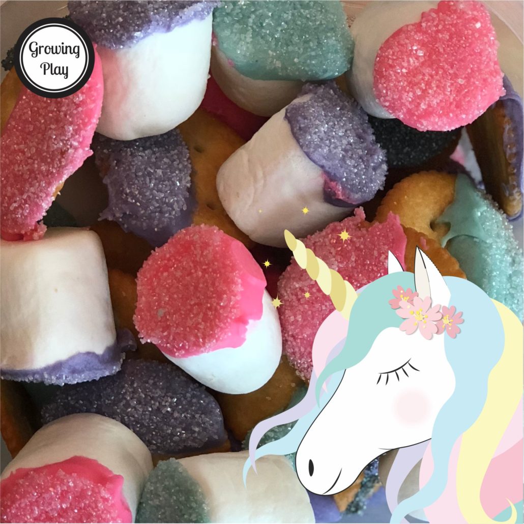 If you are looking for a tasty unicorn themed dessert, check out these kid created unicorn treats.  They are so simple to make and all ages enjoy eating them.  I don't always love super sweet desserts and the cracker cookies are a great combination of salty and sweet chocolate.  The marshmallows are on the sweeter side for sure but low in calories.