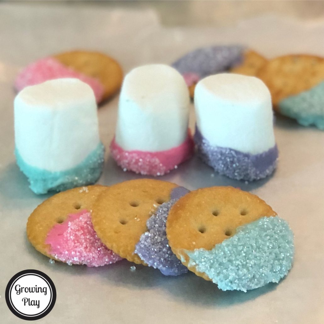 If you are looking for a tasty unicorn themed dessert, check out these kid created unicorn treats.  They are so simple to make and all ages enjoy eating them.  I don't always love super sweet desserts and the cracker cookies are a great combination of salty and sweet chocolate.  The marshmallows are on the sweeter side for sure but low in calories.