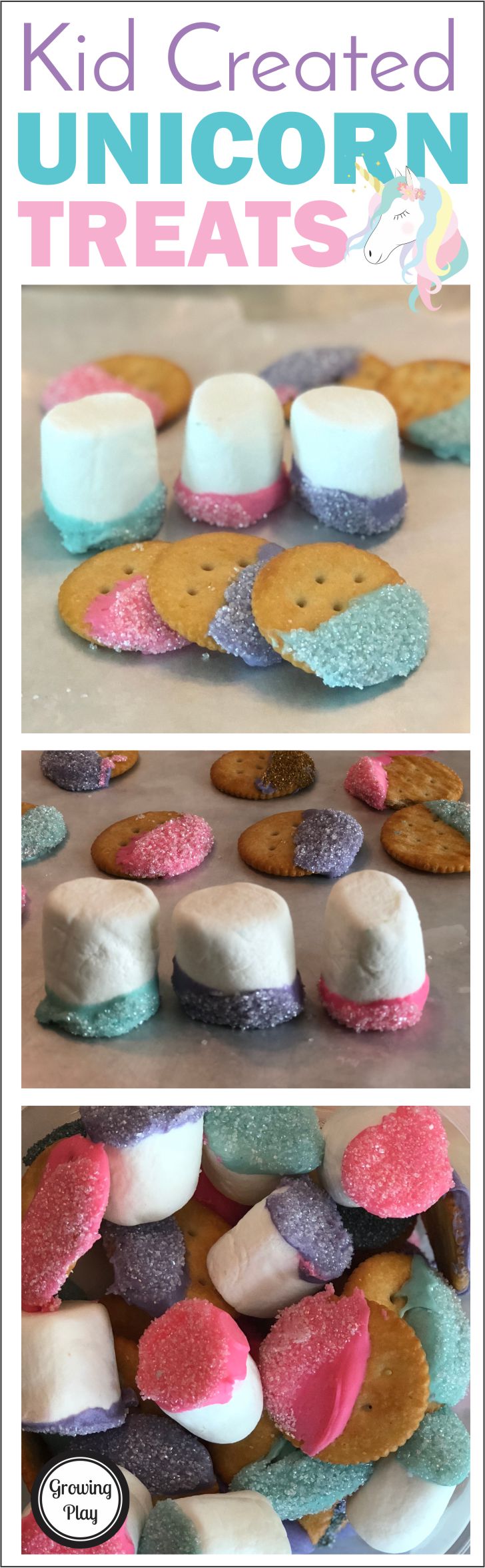 If you are looking for a tasty unicorn themed dessert, check out these kid created unicorn treats.  They are so simple to make and all ages enjoy eating them.  I don't always love super sweet desserts and the cracker cookies are a great combination of salty and sweet chocolate.  The marshmallows are on the sweeter side for sure but low in calories.