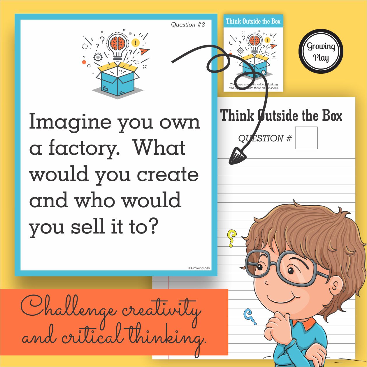 Do you want to challenge creativity and critical thinking in children?  Does your child get bored easily with regular school assignments or requirements?  This free sample activity from Think Outside the Box helps children to use the imagination, creativity, critical thinking and written expression skills.