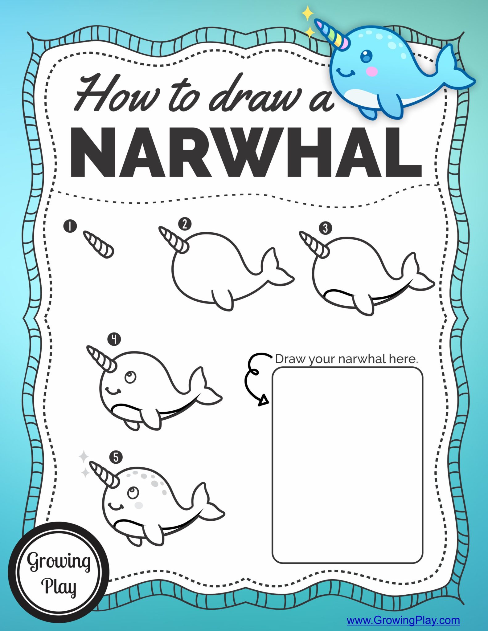 Isn't this narwhal just adorable?  I thought it was super cute and easy to draw.  Here is a simple one page printable to download (see below) where you can follow the step by step directions to learn how to draw a narwhal