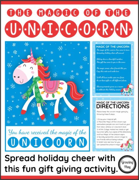 The Magic of the Unicorn is a special act of kindness for the holidays.  Start the magic by secretly giving two friends a small treat or gift with the magical unicorn gift tag attached.  Include the "You have received the magic of the Unicorn" poster and the directions on how the friends can pass on the act of kindness.