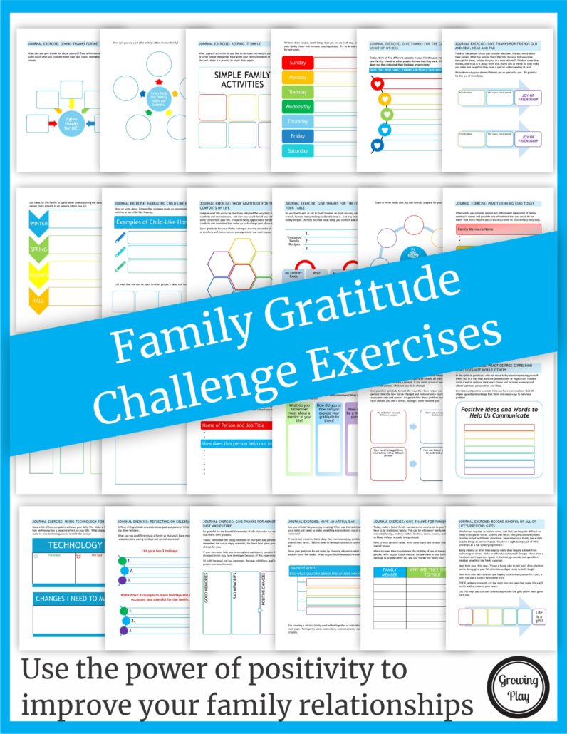 The Family Gratitude Challenge digital download includes 25 gratitude activities to use the power of positivity to improve your family relationships.