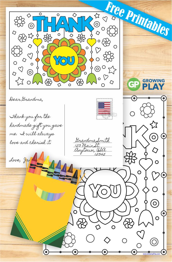 Are you in search of free printable thank you cards to color?  These two black and white options are perfect!  Show your gratitude and thanks to someone by coloring in the whimsical thank you postcard or the full page thank you "poster".