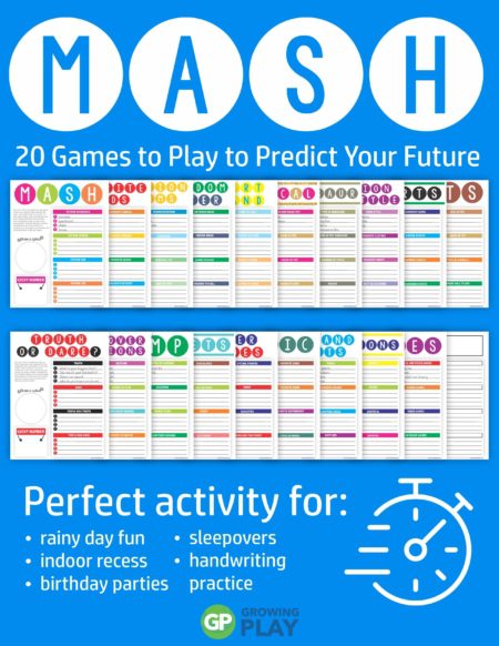 The MASH Game digital download includes 20 super fun games to predict your future.  This game is perfect for rainy day fun, birthday parties, sleepovers, camping, road trips, indoor recess or anytime your kids are bored.