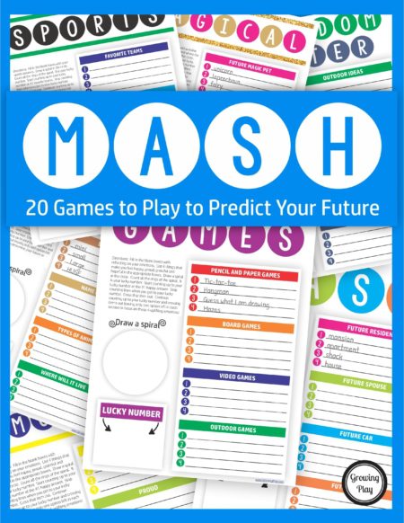 The MASH Game digital download includes 20 super fun games to predict your future.  This game is perfect for rainy day fun, birthday parties, sleepovers, camping, road trips, indoor recess or anytime your kids are bored.