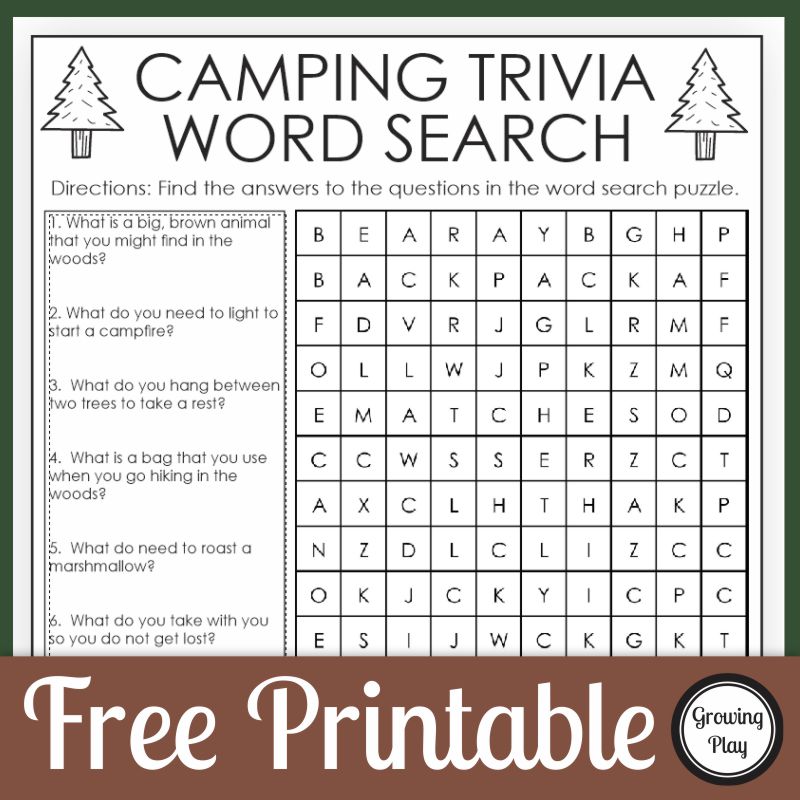 This Camping Trivia puzzle is part trivia, part crossword puzzle and part word search! Puzzles like this make me happy. Free from Growing Play.