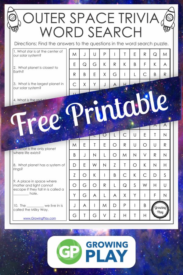 This one is an outer space word search PDF printable puzzle with space trivia questions.  Make your next activity out of this world.  