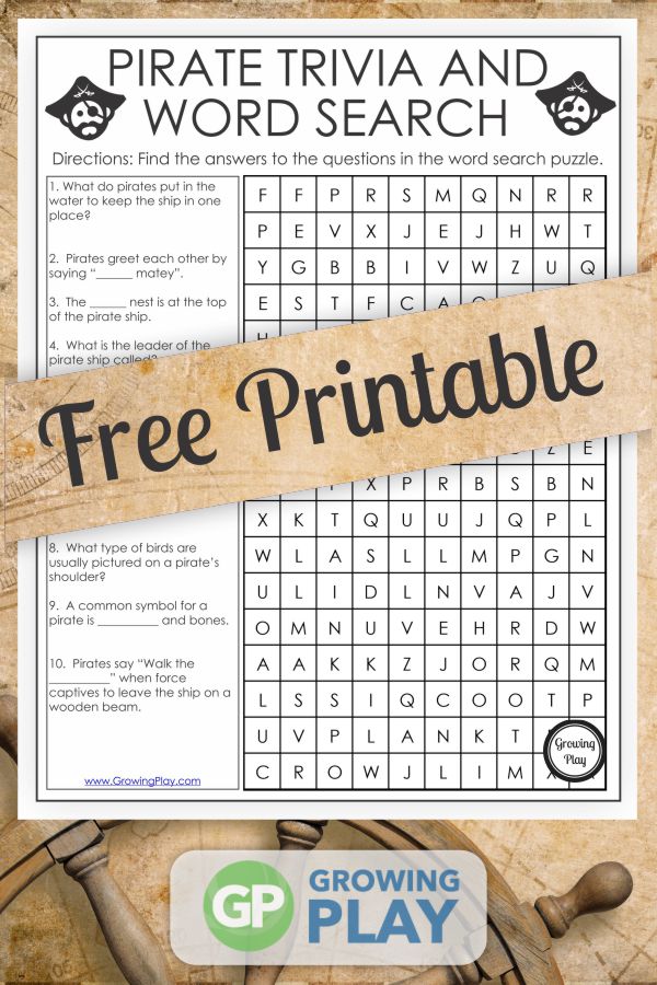 This pirate word search and pirate trivia is a FREE one page puzzle for your entertainment. Combine learning and fun with this free puzzle.