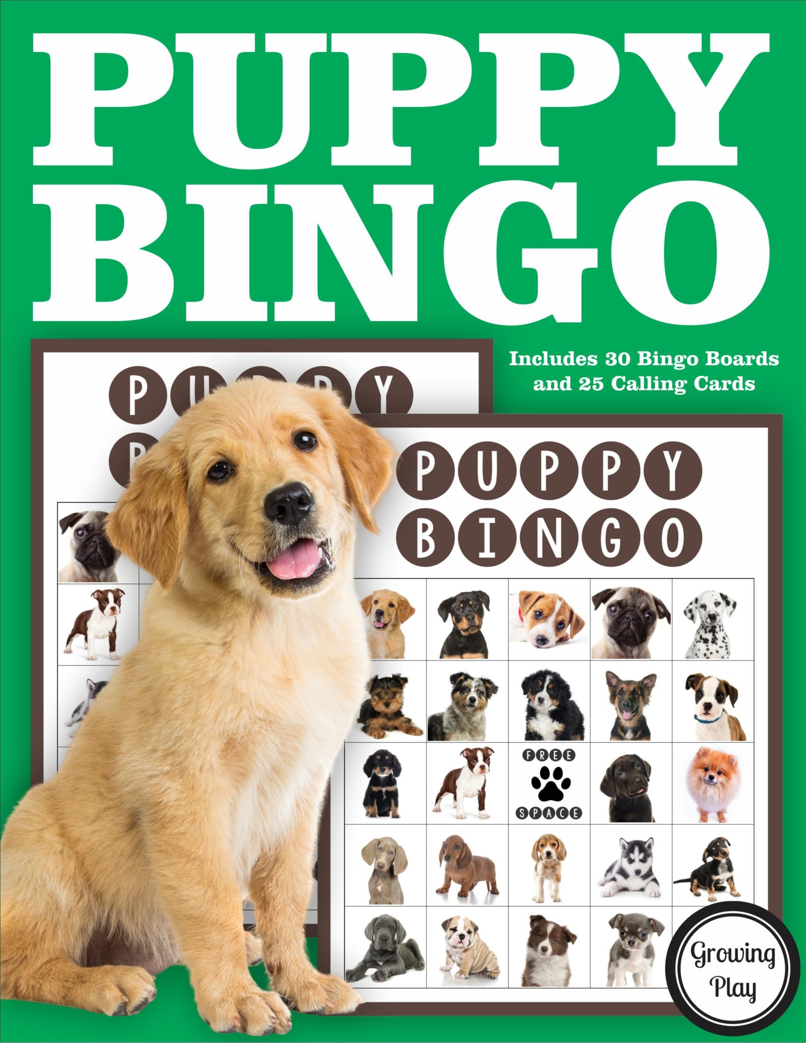 Do you need a cute Puppy Bingo PDF printable game for your whole class or a large group? This Dog Bingo PDF classroom set includes 25 calling cards with SUPER CUTE puppies and 30 Bingo boards in full color.