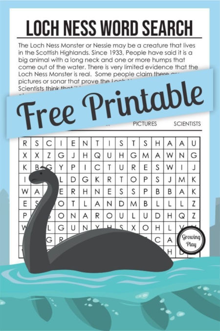 Combine learning with play with this free Loch Ness Monster word search that includes information about the mythical creature too!