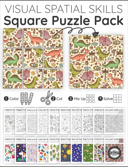 The Visual Spatial Puzzles – Square Puzzles Pack includes 11 puzzles to challenge the ability to visually perceive two or more objects in relation to each other. 