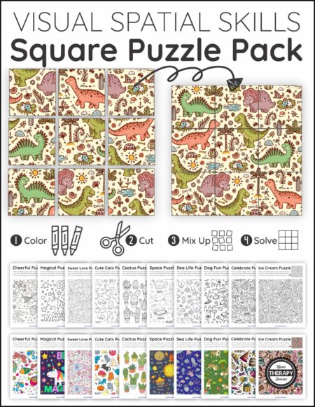 The Visual Spatial Puzzles – Square Puzzles Pack includes 11 puzzles to challenge the ability to visually perceive two or more objects in relation to each other. 