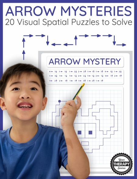 The visual spatial puzzles, Arrow Mysteries digital download, includes 20 math art puzzles to challenge visual spatial and visual motor skills.