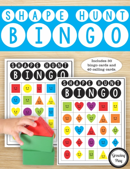 The Shape Hunt Bingo PDF printable game is so much fun to play to move and learn about shapes. The set includes 40 calling cards with full color pictures and 30 Bingo boards in color. 