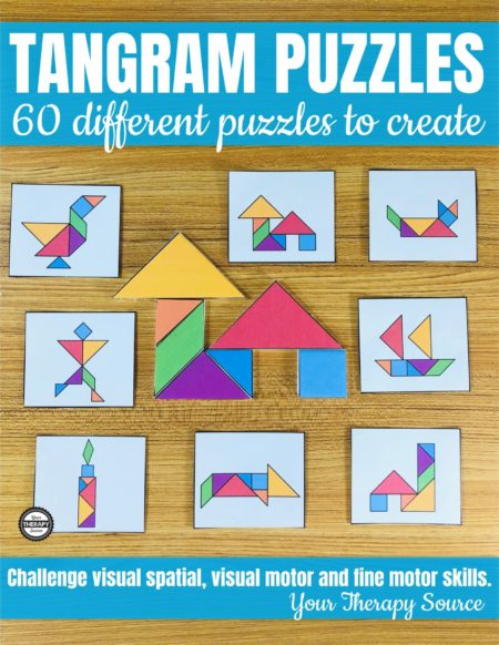 Are you looking for a visual-spatial, visual motor, math, and fine motor challenge?  The Tangram Puzzles for Kids includes 60 different puzzles to print and solve.