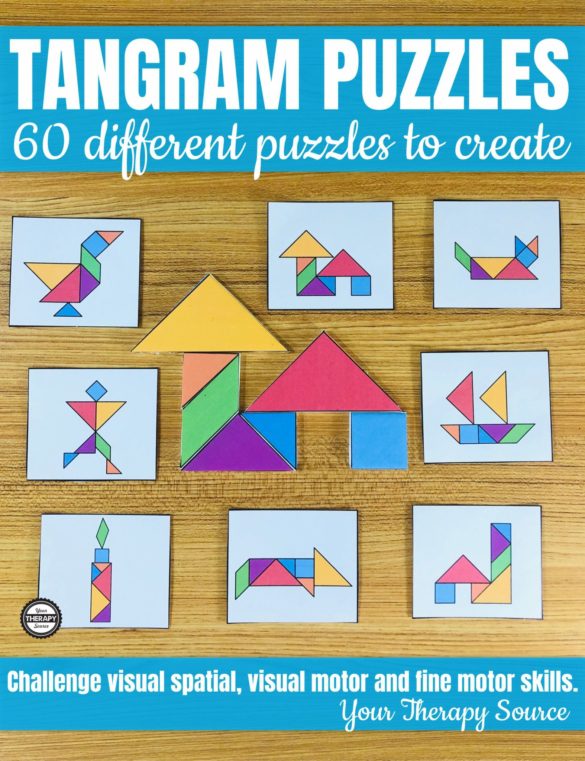 Are you looking for a visual-spatial, visual motor, math, and fine motor challenge?  The Tangram Puzzles for Kids includes 60 different puzzles to print and solve.