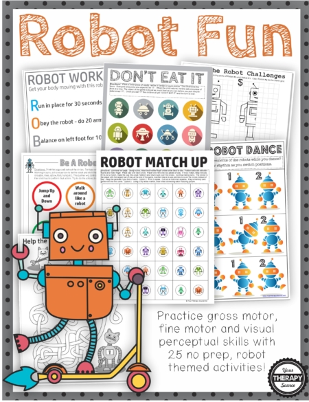 The Robot Puzzles and Games digital download includes 25 games, activities and puzzles to encourage playtime, visual perceptual skills, fine motor skills, and physical activity all with a robot theme! Perfect for any robot loving child!