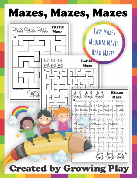 This printable Mazes PDF packet includes 30 different black and white mazes from easy to difficult.