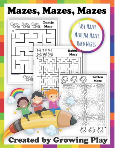 This printable Mazes PDF packet includes 30 different black and white mazes from easy to difficult.