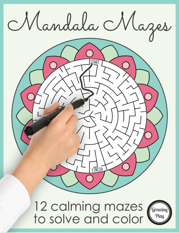 The Mandala Mazes PDF packet includes 12 black and white calming mazes for children to color and solve while they practice their self-calming and attention skills.