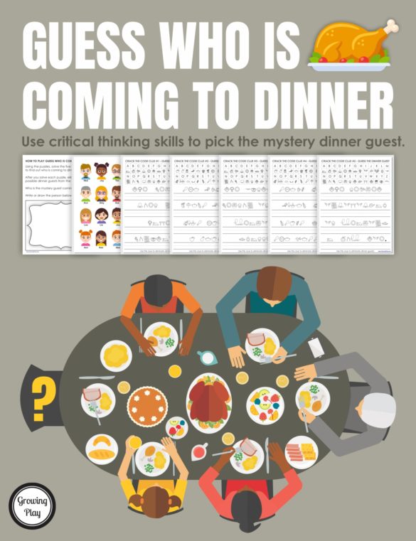 This Guess Who Is Coming to Dinner mystery puzzle includes 5 clues to solve to find out the mystery dinner guest. Perfect for Thanksgiving or anytime of year!