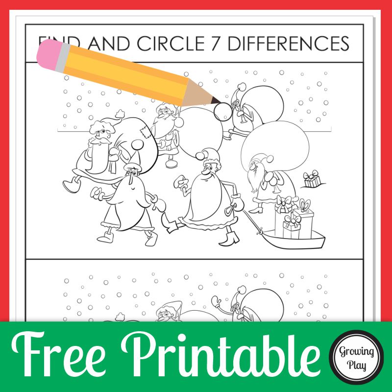 This Christmas Spot the Difference free printable is ready to go to see if you can find and circle the seven differences between the two Santa pictures.