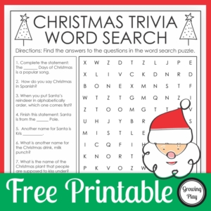 Check out this FREE Christmas trivia game for kids that includes fun, quiz questions along with a word search puzzle!