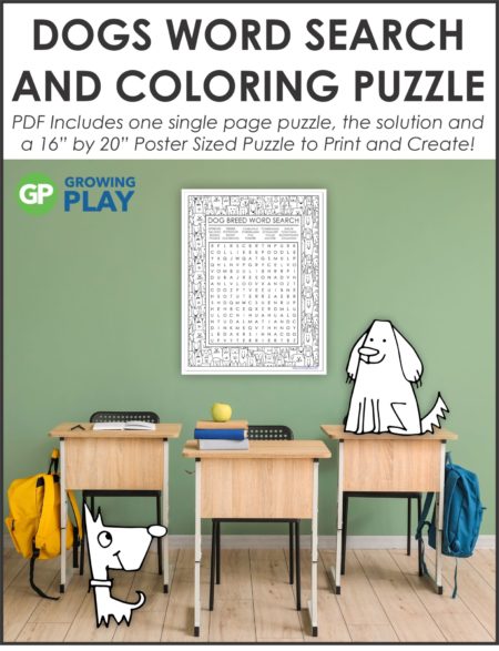 Challenge your students with this oversized Dog Word Search Puzzle Printable. Use the one page puzzle with SOLUTION or make the 16" by 22" poster.