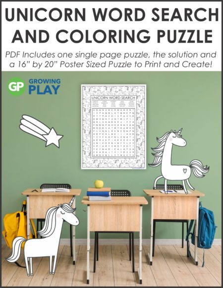 Challenge your students with this oversized Unicorn Word Search Puzzle Printable. Use the one page puzzle with SOLUTION or make the 16″ by 22″ poster.