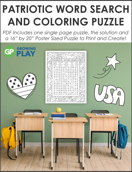 Challenge your students with this oversized Patriotic Word Search and Coloring Printable Poster from Growing Play.