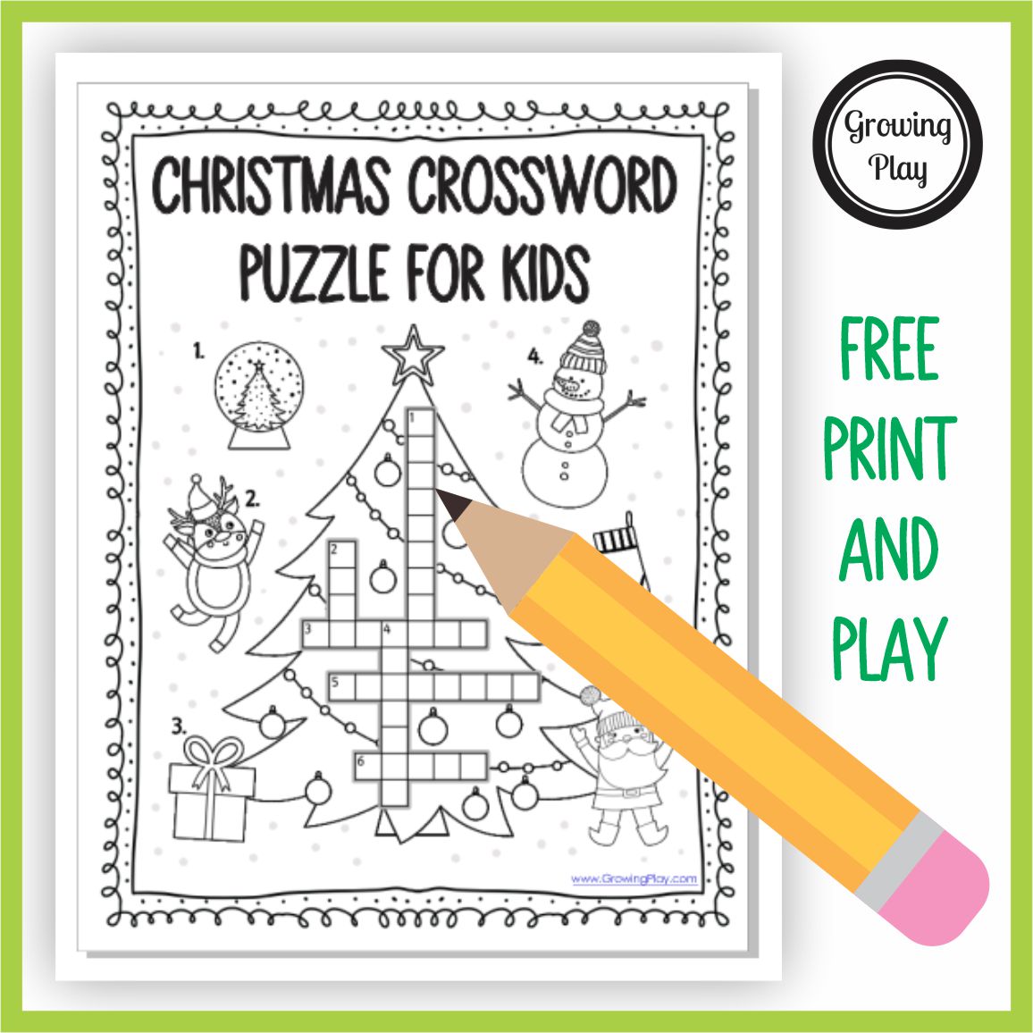 Need a brain-boosting activity for the kids? Download this FREE Christmas Crossword puzzle for kids from Growing Play.