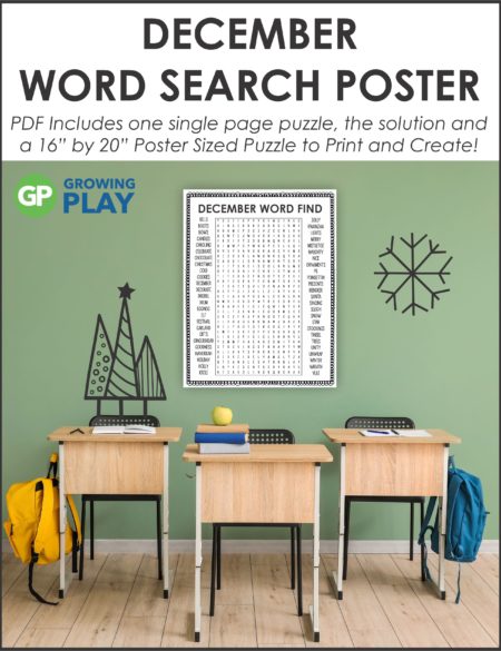 Challenge your students with this oversized December Word Search and Coloring Printable Poster from Growing Play.