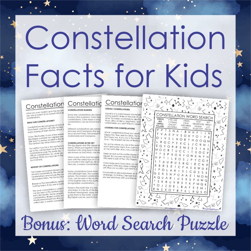 Kids always seem to enjoy learning about them too so here are 10 constellation facts for kids plus bonus word search puzzle!