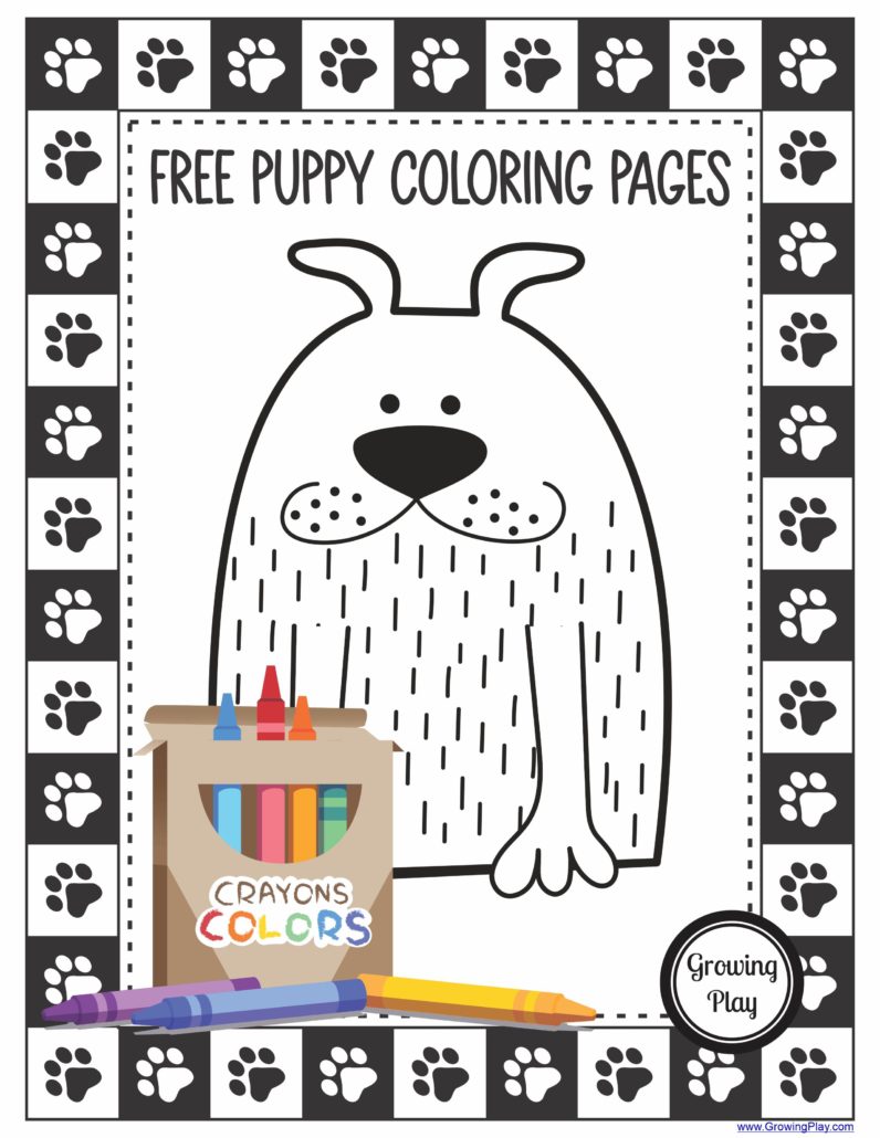 This adorable coloring book is FREE and it includes 10+ different puppy coloring pages. Download your copy from Growing Play for free.