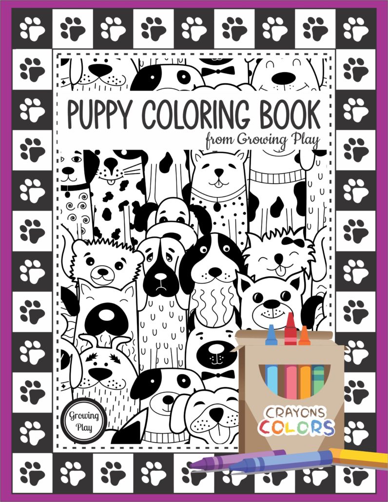 This adorable coloring book is FREE and it includes 10+ different puppy coloring pages. Download your copy from Growing Play for free.