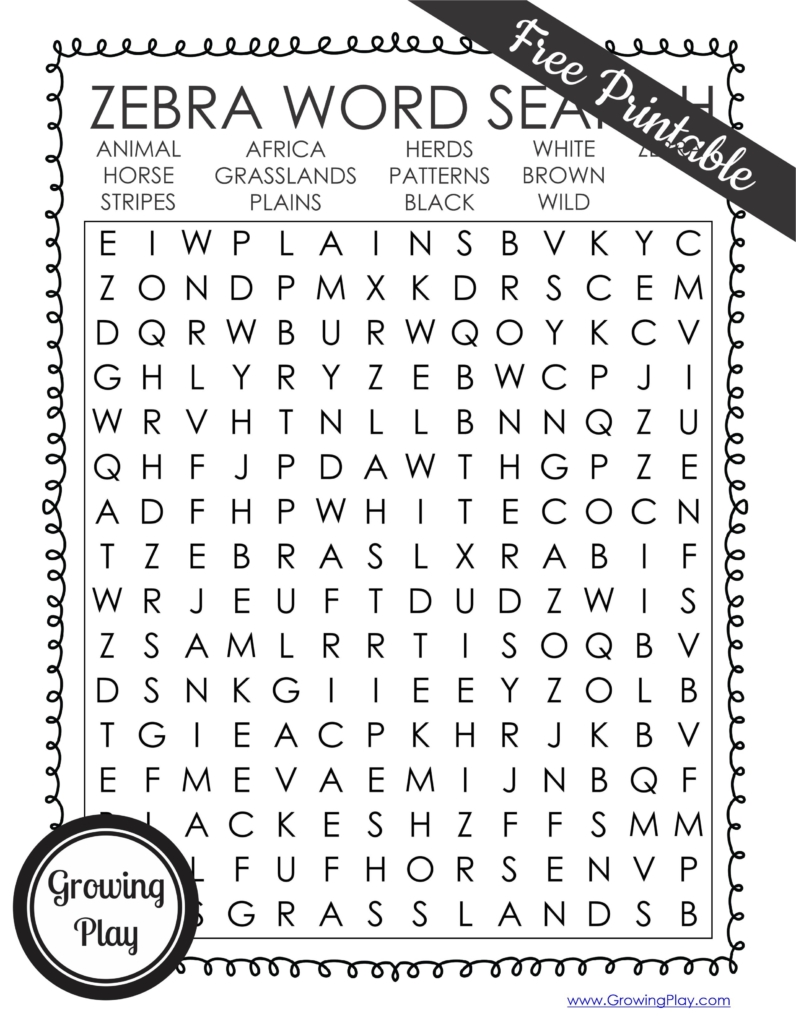 Zebra Facts for kids word search freebie