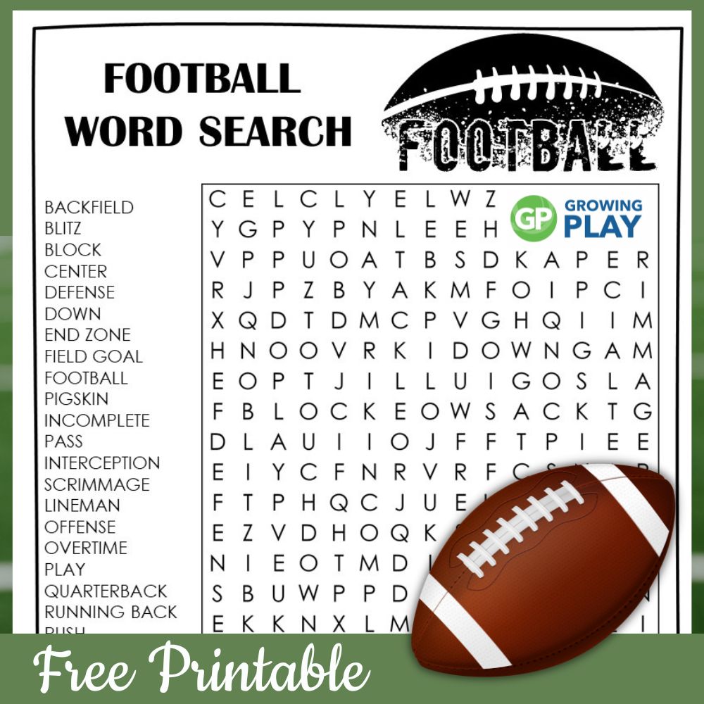  This free printable football word search is the perfect activity for kids, parents, and teachers alike. Get your free copy from Growing Play.