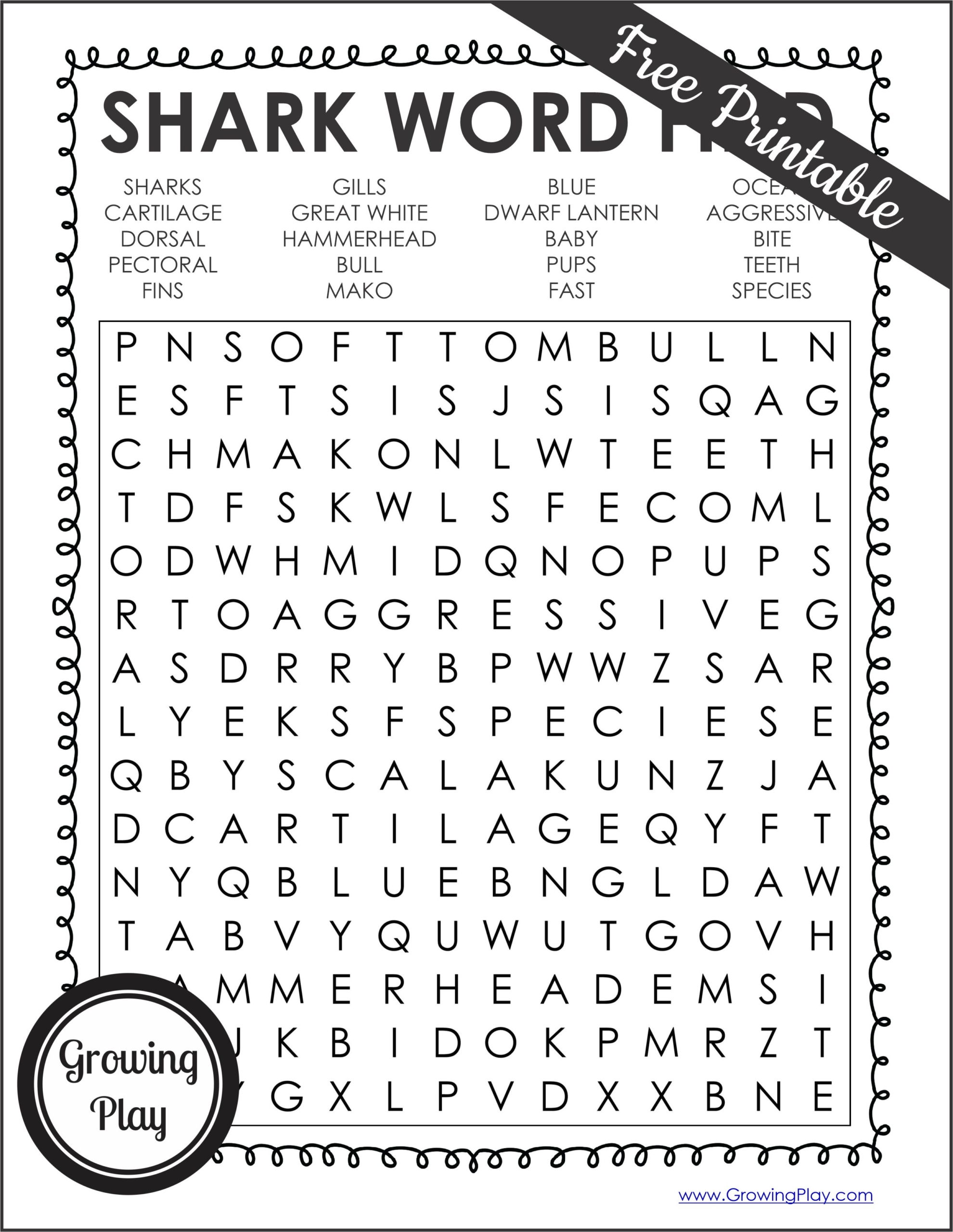 Get your free SHark Word Search PDF with 20 shark vocabulary words. Learn about these amazing creatures of the sea from Growing Play.