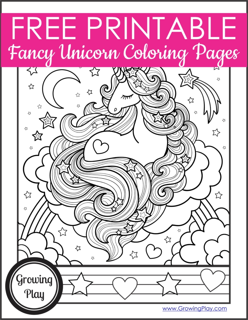 We've got a bunch of free, printable fancy unicorn coloring pages for you to enjoy. Download your copy from Growing Play.