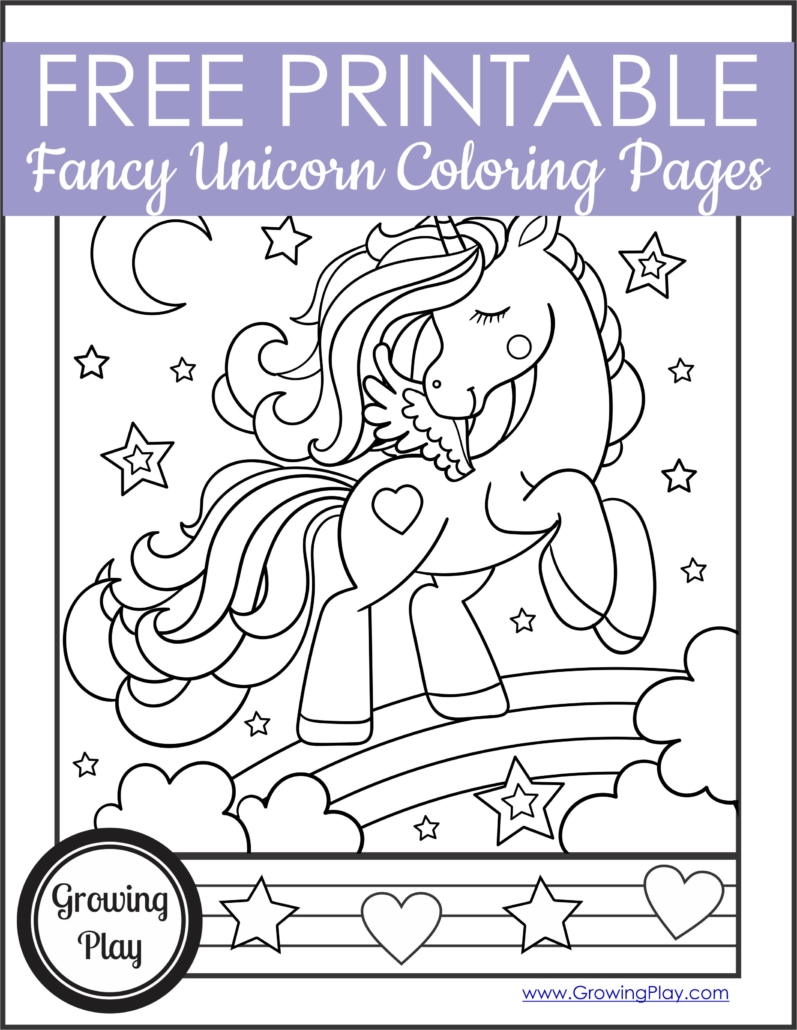 We've got a bunch of free, printable fancy unicorn coloring pages for you to enjoy. Download your copy from Growing Play.