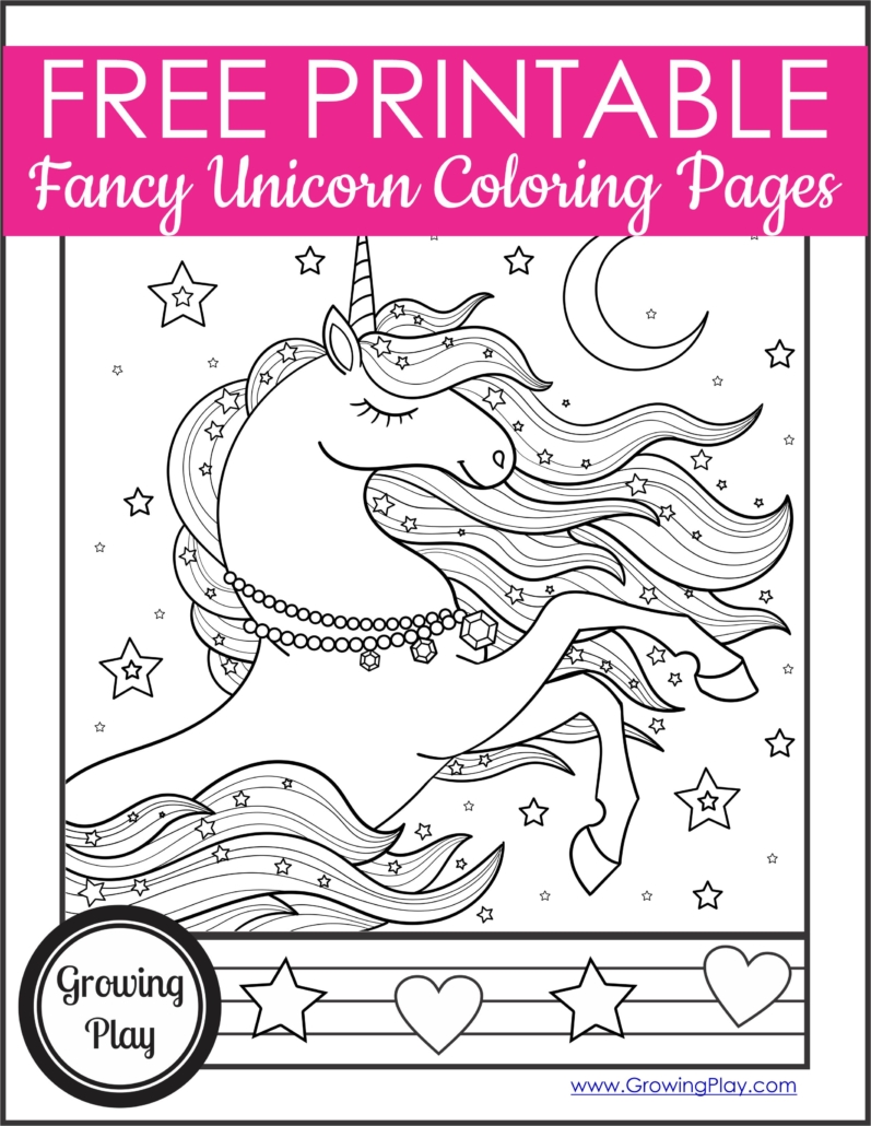 We've got a bunch of free, printable fancy unicorn coloring pages for you to enjoy. Download your copy from Growing Play.