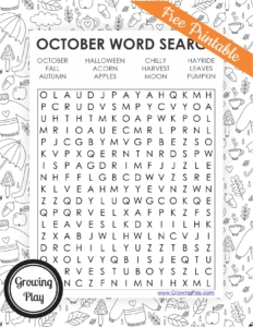 Get into the Fall spirit, with this free printable October word search. Download your FREE copy today from Growing Play.