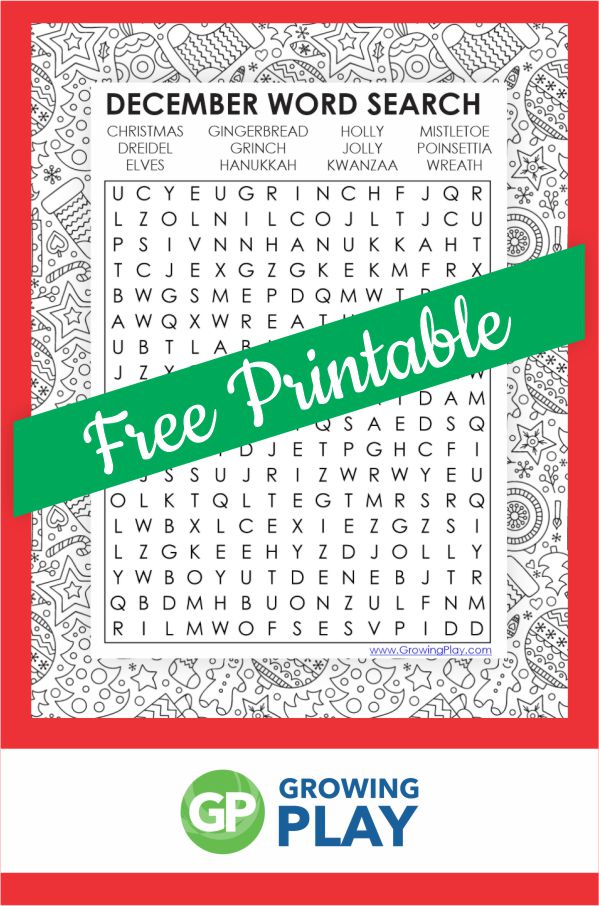 This December word search free printable is perfect for all ages. You can download this fun word search puzzle for free from Growing Play.
