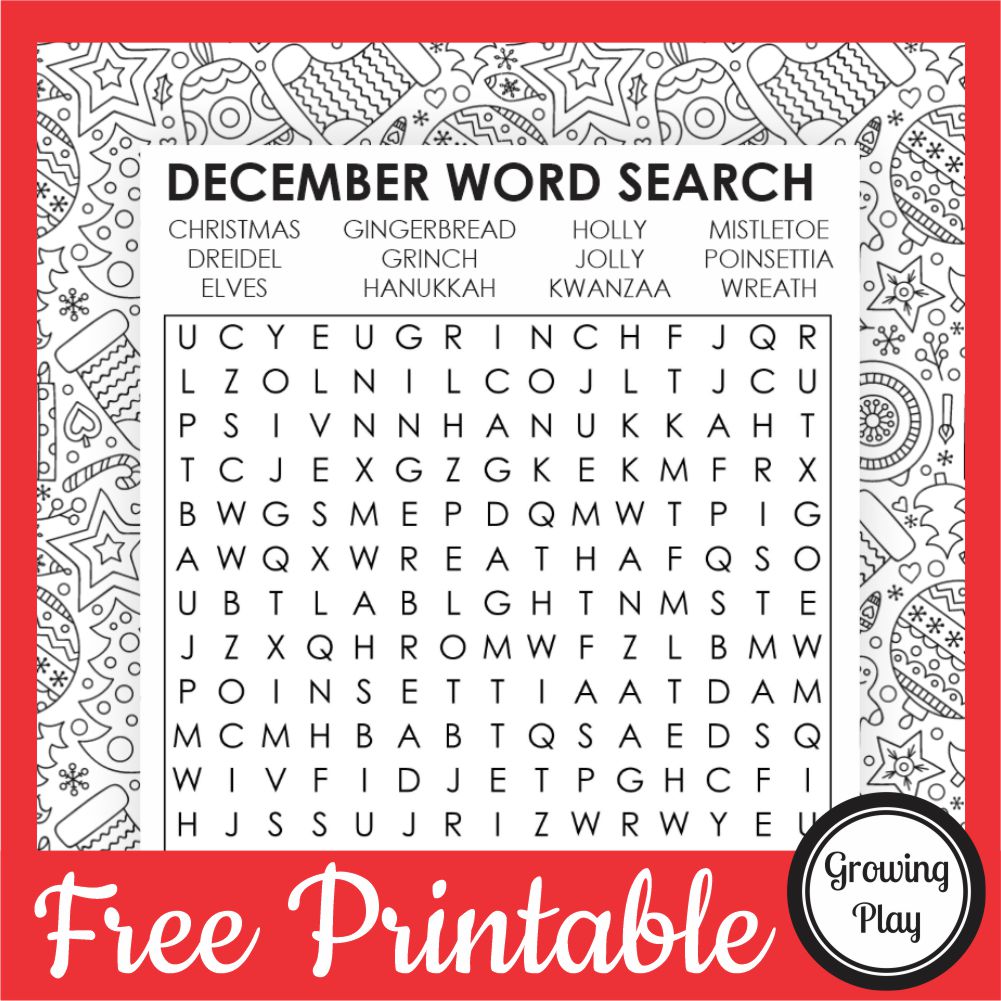 This December word search free printable is perfect for all ages. You can download this fun word search puzzle for free from Growing Play.