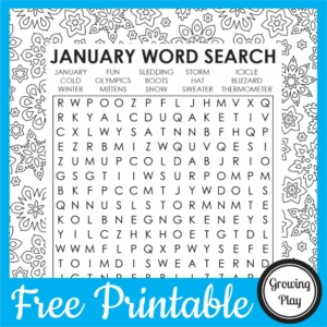 This January word search free printable is perfect for all ages. You can download this fun word search puzzle for free from Growing Play.